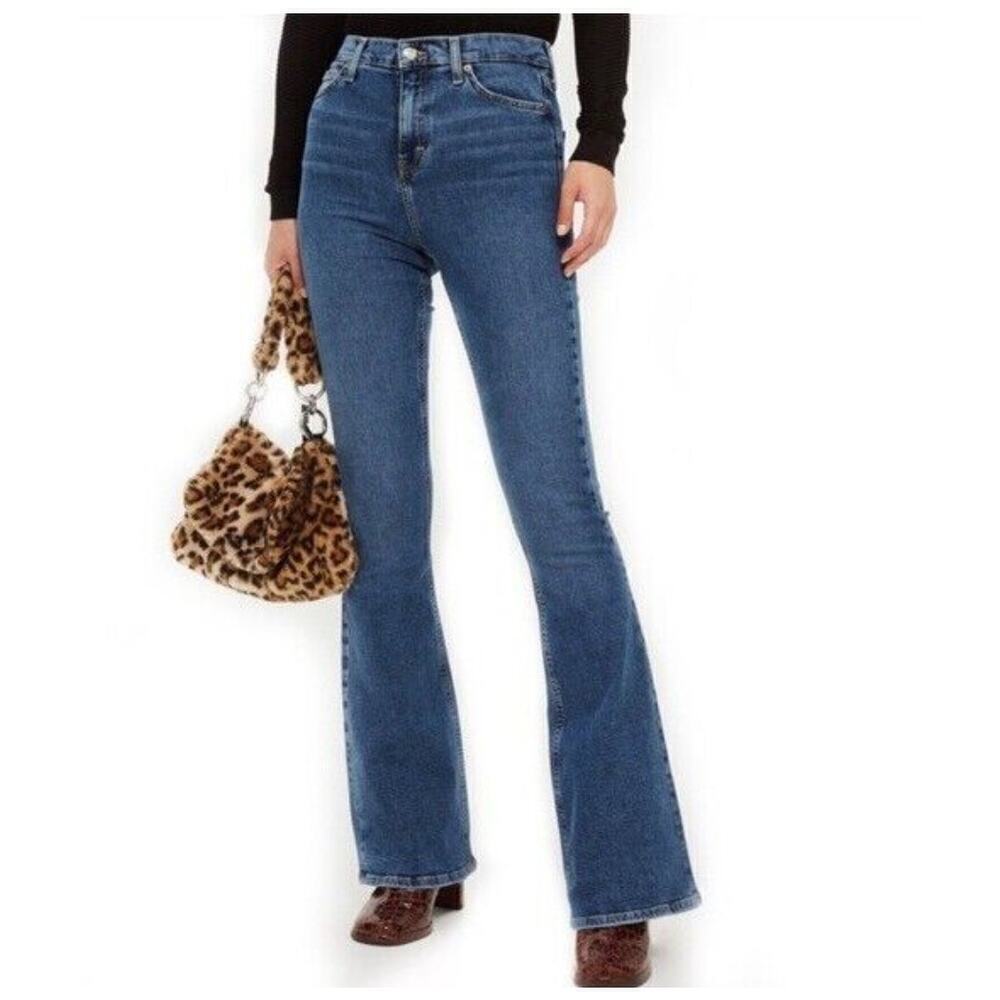 Topshop Moto Jamie Flare Blue Denim Stretch Jeans Mid Rise Casual Size W26